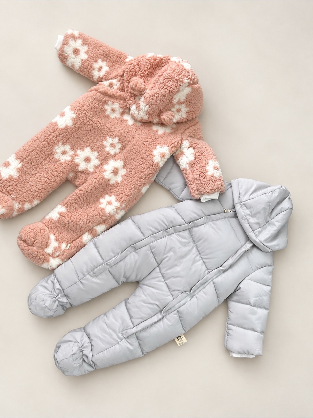 Kids Floral Sherpa One-Piece Snowsuit - Pink & White